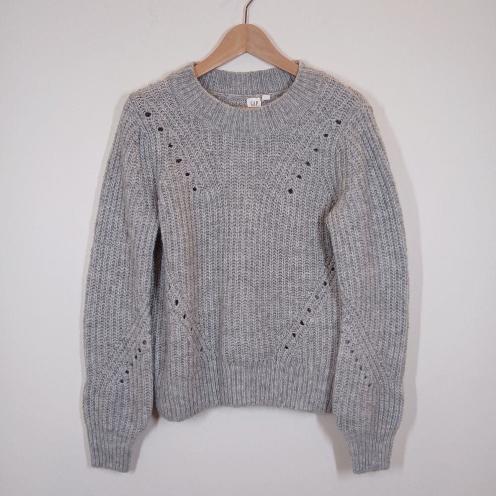 GAP Sweater Women Medium Gray Nylon Alpaca Blend Pointelle Chunky Knit